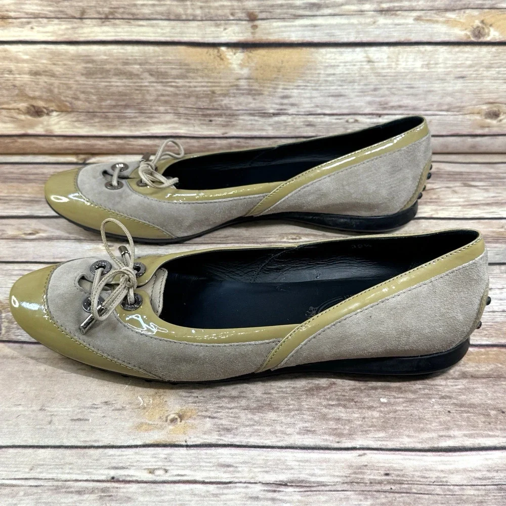Tods Womens Taupe Suede & Patent Leather Ballet Flat Driving Shoes 39.5/9.5